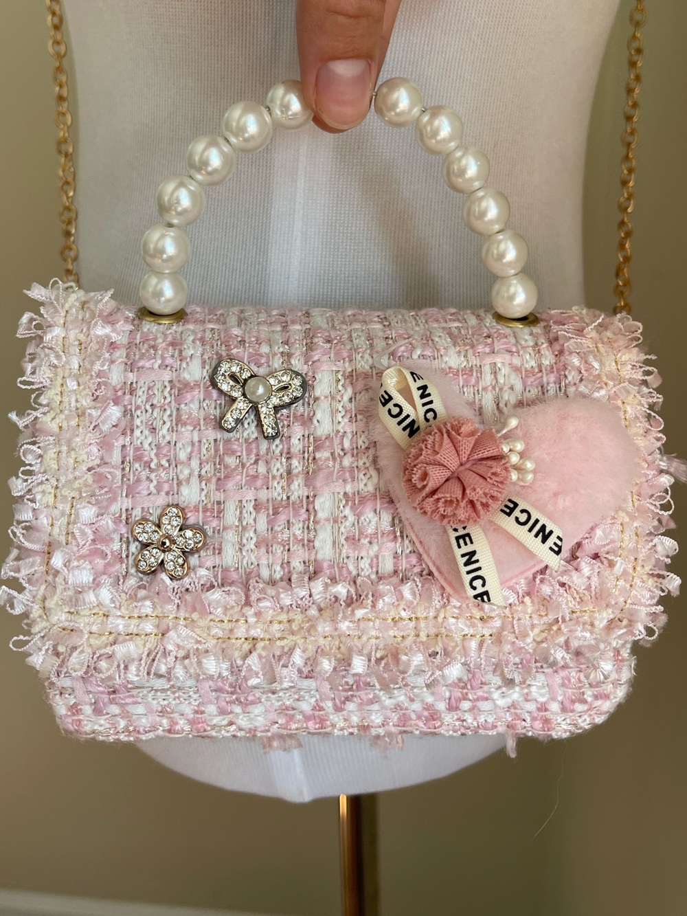 Pink Tweed Pearl Handle Mini Handbag Crossbody Purse Bow Heart Coquette